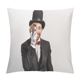 Personality  Professional Magician Holding Magic Ball, Isolated On Grey Pillow Covers