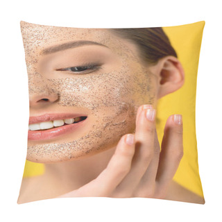 Personality  Portrait Of Smiling Girl Applying Peeling Mask, Isolated On Yellow Pillow Covers