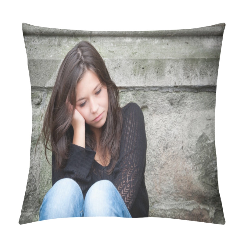 Personality  Teenage girl looking thoughtful about troubles pillow covers