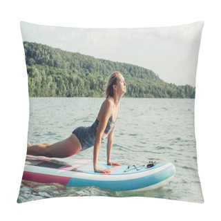 Personality  Middle Age Caucasian Woman Practising Yoga On Paddle Sup Surfboard At Sunset. Female Stretching Doing Workout On Lake Water. Modern Individual Outdoor Summer Aquatic Sport Activity. Pillow Covers