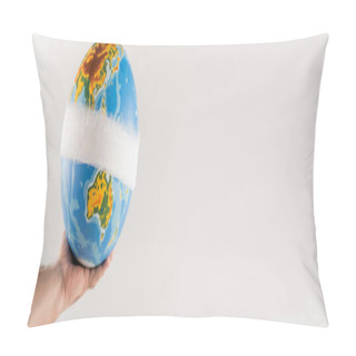 Personality  Partial View Of Male Hand With Bandaged Globe Isolated On Grey, Ecology Concept, Banner Pillow Covers