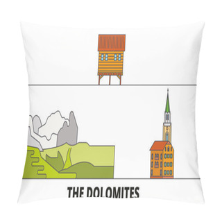 Personality  Italy, The Dolomites  Flat Landmarks Vector Illustration. Italy, The Dolomites  Line City With Famous Travel Sights, Skyline, Design.  Pillow Covers