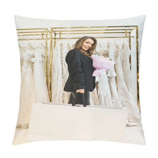 Personality  A Young Brunette Bride Browsing Through A Rack Of Dresses In A Wedding Salon. Pillow Covers