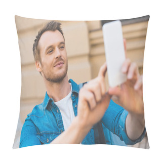 Personality  Close-up Portrait Of Handsome Young Tourist With Backpack Taking Photo With Smartphone On Street Pillow Covers