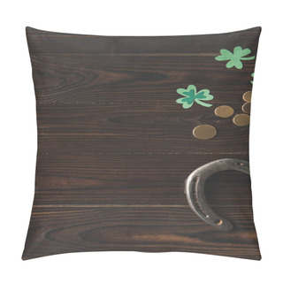 Personality  Top View Of Golden Coins, Horseshoe And Shamrock On Wooden Table, St Patricks Day Concept Pillow Covers
