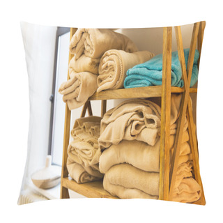 Personality  Close Up Of Wooden Rack With Fleece Plaids Pillow Covers