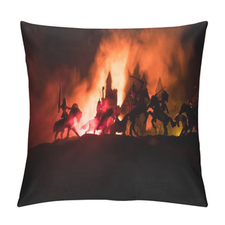 Personality  Medieval Battle Scene With Cavalry And Infantry. Silhouettes Of Figures As Separate Objects, Fight Between Warriors On Dark Toned Foggy Background With Medieval Castle. Pillow Covers