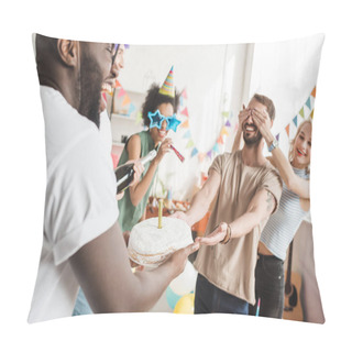 Personality  Partying Diverse People Covering Eyes Of Young Friend And Greeting Him With Birthday Cake Pillow Covers