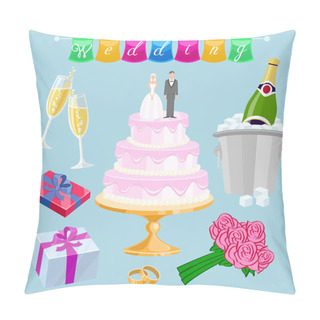 Personality  Set Wedding Cake With Couple Vector. Newlyweds, Glasses, Champagne, Gifts, Roses, Flowers, Rings, Inscription, Flags, Streaming Pillow Covers