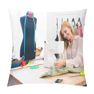 Personality  Woman Using Sewing Machine Pillow Covers