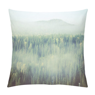 Personality  Thick Fog Covered With Thick Coniferous Forest. Forest With A Bird's Eye View . Coniferous Trees, Thickets Of Green Forest. Fog Covered With Thick Coniferous Forest. Pillow Covers
