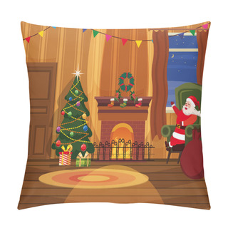 Personality  Christmas Room With Santa Claus And Christmas Tree, Fireplace, Sofa, Gifts, Festoon, Holiday Attributes, Mood. Vector, Illustration, Isolated, Template, Poster, Banner Pillow Covers