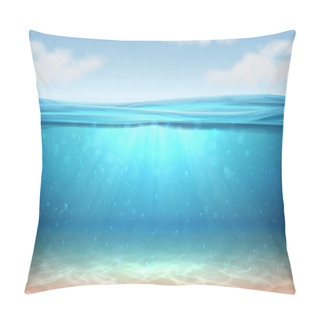 Personality  Realistic Underwater Background. Ocean Deep Water, Sea Under Water Level, Sun Rays Blue Wave Horizon. Surface 3D Vector Concept Pillow Covers