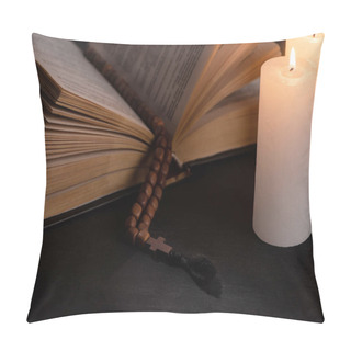 Personality  Holy Bible With Rosary On Black Dark Background With Burning Candles Pillow Covers