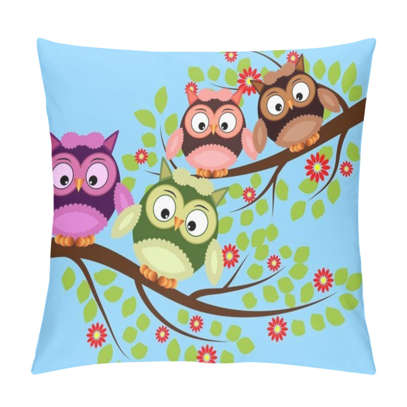 Personality  Bright cute cartoon owls sit on the flowering branches of fantastic trees pillow covers