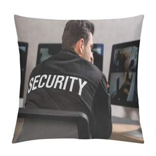 Personality  Rear View Of Guard In Black Uniform Looking At Computer Monitor  Pillow Covers