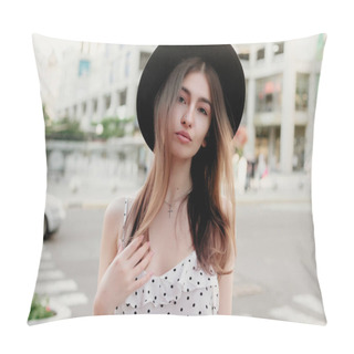Personality  Young Teenage Girl In A White Dress And Hat. Style Of The Big City. Sunset Sky And Rays Of The Sun. Natural Beauty Pretty Woman In Black Fedora Hipster Hat, On Warm Summer Evening Sunset In Big City Pillow Covers