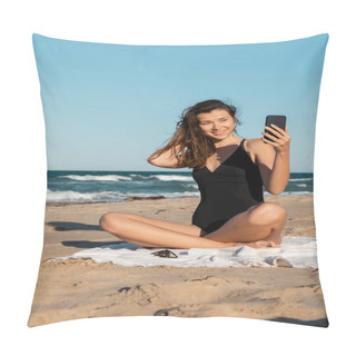 Personality  Happy Young Woman In Swimsuit Taking Selfie On Smartphone While Sitting On Beach Pillow Covers