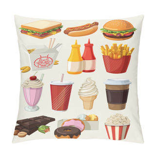 Personality  Set Of Colorful Cartoon Fast Food Icons. Pillow Covers