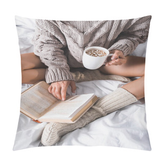 Personality  Cropped View Of Woman In Sweater And Knitted Socks Sitting In Bed With Mug Of Hot Cocoa And Book At Morning Pillow Covers