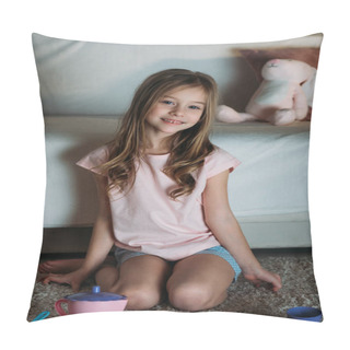Personality  Smiling Little Kid Sitting On Floor With Tea Party Toys At Home Pillow Covers