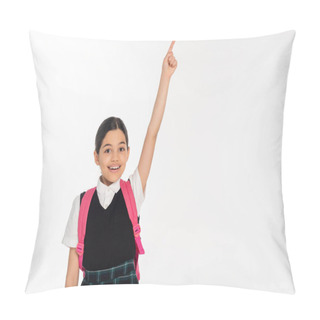 Personality  Happy Girl In School Uniform Showing Something, Pointing Up With Finger Isolated On White, Student Pillow Covers