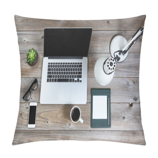 Personality  Working Desktop In Overhead View On Rustic Wood  Pillow Covers