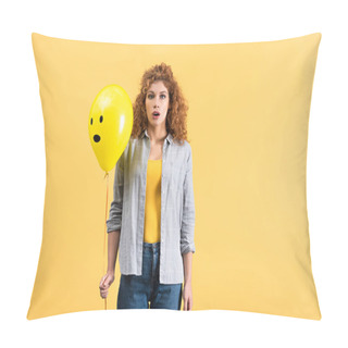 Personality  Surprised Redhead Girl Holding Balloon With Shocked Face, Isolated On Yellow Pillow Covers