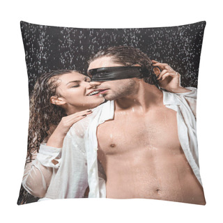 Personality  Portrait Of Man With Black Ribbon On Eyes And Smiling Girlfriend While Standing Under Rain Isolated On Black Pillow Covers