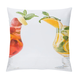 Personality  Close Up View Of Summer Fresh Cocktails With Lemon And Orange Pieces, Mint Isolated On White Pillow Covers