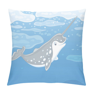 Personality  Grey Spotted Narwhal With A Long Tusk Swimming Under Ice In Blue Water Of A Polar Sea, Vector Illustration In A Cartoon Style Pillow Covers