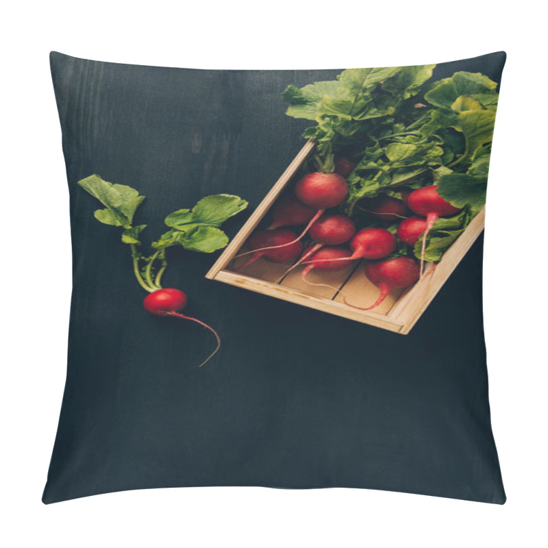 Personality  Elevated View Of Radishes In Wooden Box On Grey Dark Table Pillow Covers