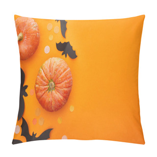 Personality  Top View Of Pumpkin, Bats And Confetti On Orange Background, Halloween Decoration Pillow Covers