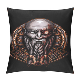 Personality  Scandinavian One-eyed Character With A Thick Beard And Mustache Close-up, Bust Bald Barbarian With Blood On His Face On The Background Of A Round Shield, Portrait Of A Brutal Northern Warrior In Armor Pillow Covers