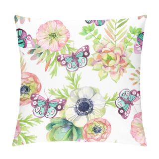 Personality  Watercolor Seamless Pattern With Anemone And Herbs Pillow Covers