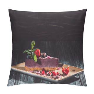 Personality  Blueberry Cake With Strawberries, Mint And Viola Petals On Plate On Wooden Table  Pillow Covers