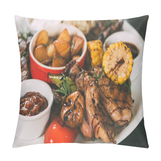 Personality  Tasty Grilled Chicken With Fried Potatoes, Corn, Mushrooms And Sauce On Plate  Pillow Covers
