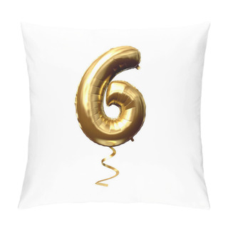 Personality  Number 6 Gold Foil Helium Balloon Isolated On A White Background. 3D Render Pillow Covers