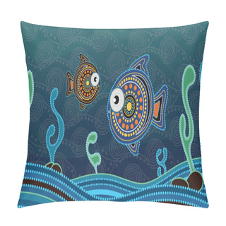 Personality      Aboriginal Dot Art Painting With Fish. Underwater Concept, Landscape Background Wallpaper Vector Illustration  Pillow Covers