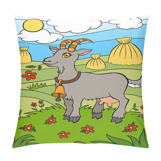 Personality  Cartoon Farm Animals For Kids. Cute Goat Stands And Holds Flower Pillow Covers