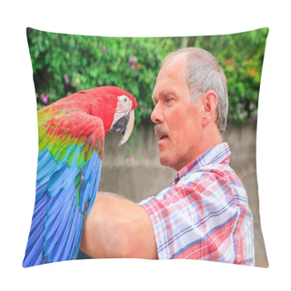 Personality  Man Holds Red Macaw On The Arm Outside Pillow Covers