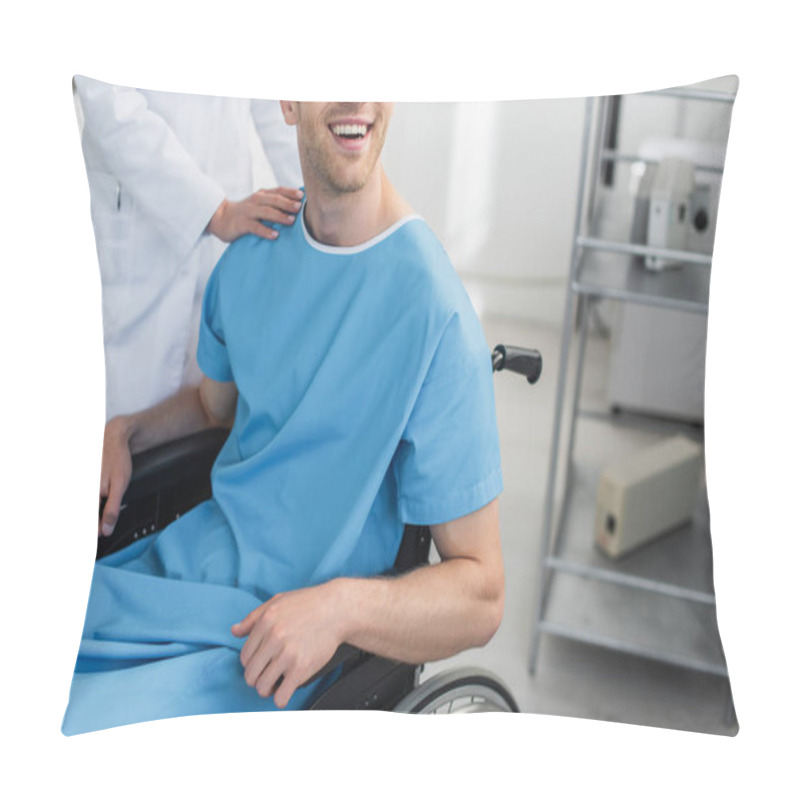 Personality  Cropped View Of Doctor In White Coat Standing Near Cheerful Disabled Patient In Wheelchair  Pillow Covers