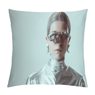 Personality  Futuristic Silver Robot Looking At Camera Isolated On Grey, Future Technology Concept   Pillow Covers