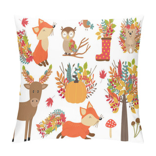Personality  Set Of Isolated Forest Animals And Autumn Plants - Vector Illustration, Eps Pillow Covers