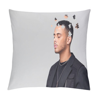Personality  Mental Health Concept Of Young Man With Jigsaw Shaped Pieces Missing From Mind Pillow Covers