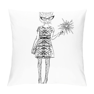 Personality  Cat Girl Dressed Up In A Party Style Pillow Covers