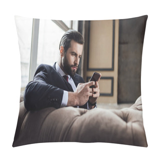 Personality  Confident Bearded Businessman Using Smartphone And Sitting In Armchair  Pillow Covers