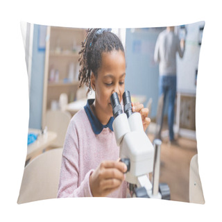 Personality  Portrait Of Smart Little Schoolgirl Looking Under The Microscope. In Elementary School Classroom Cute Girl Uses Microscope. STEM Science, Technology, Engineering And Mathematics Education Program Pillow Covers