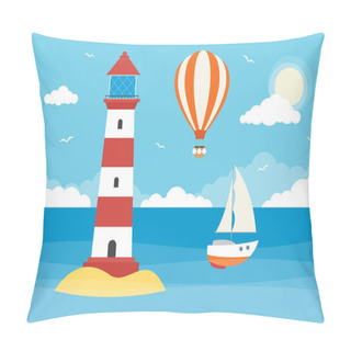 Personality  A Sailing Boat And Lighthouse In An Ocean On A Sunny Day With Clouds And Hot Air Balloon Pillow Covers