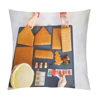 Personality  Parts Of Gingerbread House Prepared For Baking And Decorating. Christmas Traditional Activity And Sweet Cake. Active Fun For Family And Kids. Close-up Of Details. With Hands Of Kids. Pillow Covers